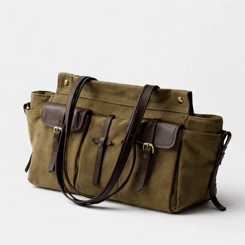 Luxury Canvas Leather Multi-Pocket Tote Bag,Women Zipper Closure Vintage Shoulder Bag,Motorcycle Biker Style Handbag,Lightweight