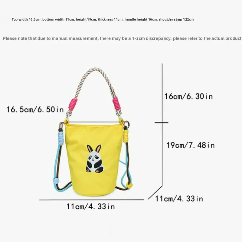 New Fashion Cute Cartoon Panda Embroidery Nylon Mini Bucket Bag Women Casual Lightweight Crossbody Shoulder Bag Small Handbag