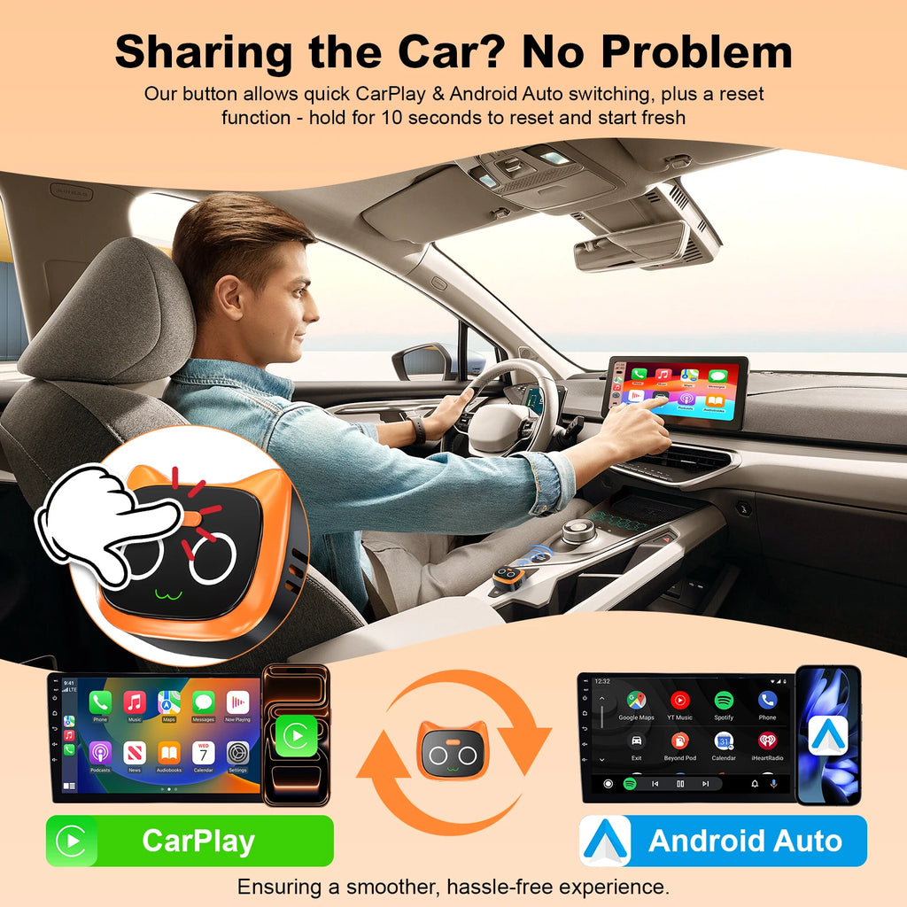 Mini Wireless CarPlay and Android Auto Adapter—converts wired CarPlay to wireless CarPlay, with button controls and one-touch disconnection (to protect privacy during calls)