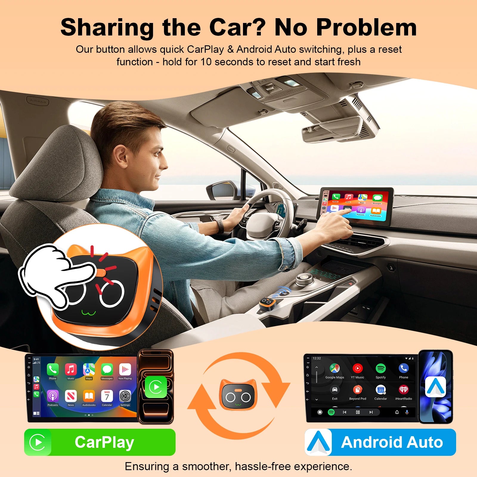Mini Wireless CarPlay and Android Auto Adapter—converts wired CarPlay to wireless CarPlay, with button controls and one-touch disconnection (to protect privacy during calls)
