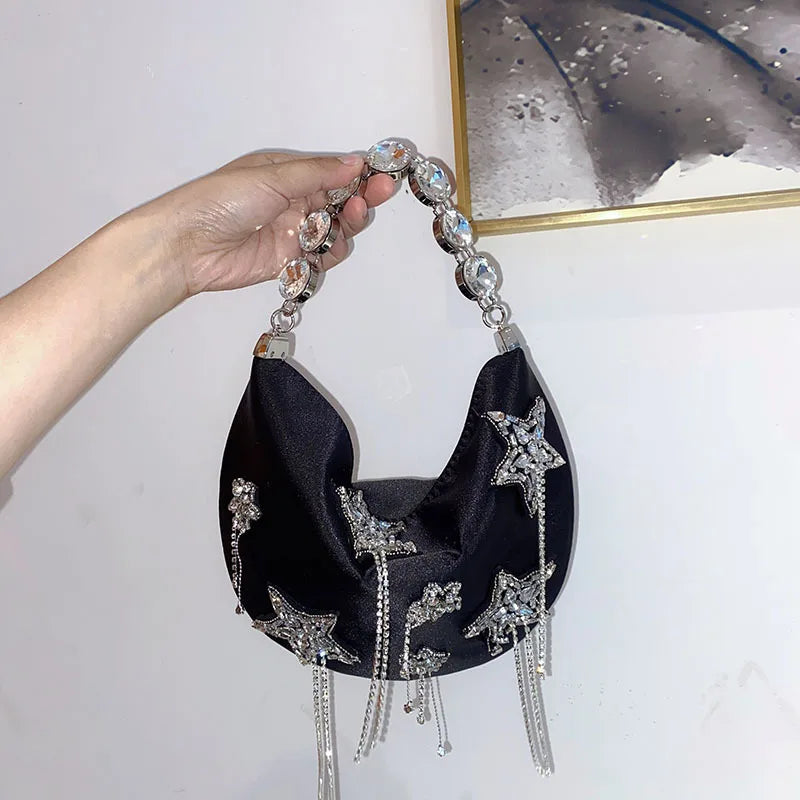 Women Silk Handbag Diamond Bucket Bag StarTassel Evening Bag Shoulder Bag Hobo Bag Party Purse Female Clutches Bolsos