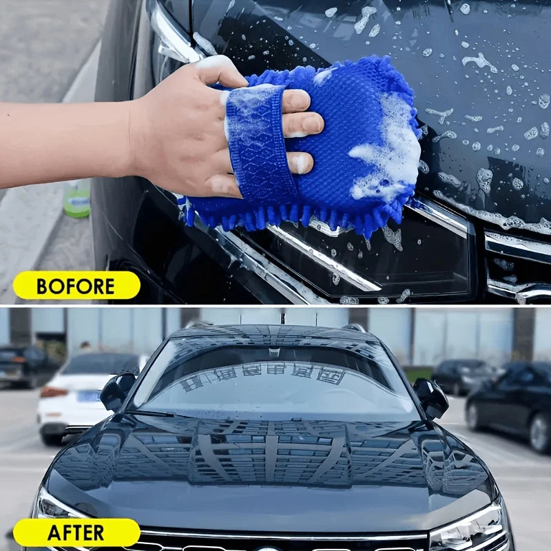 2 PCS Car Care Tool Set Ultra Soft Microfiber Wash Glove Scratch Proof Wheel Brush Deep Clean Polish Rims