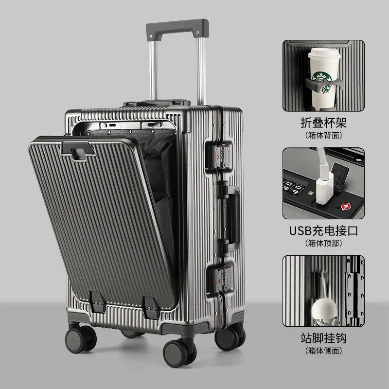 2026 new front opening luggage compartment, multifunctional business travel suitcase, sturdy passenger boarding suitcase