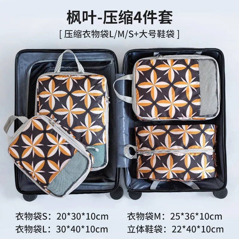 4Pcs/Set Printed Compression Storage Bag Large Capacity Expandable Luggage Storage Bags Set Dampproof Foldable Suitcases Bag
