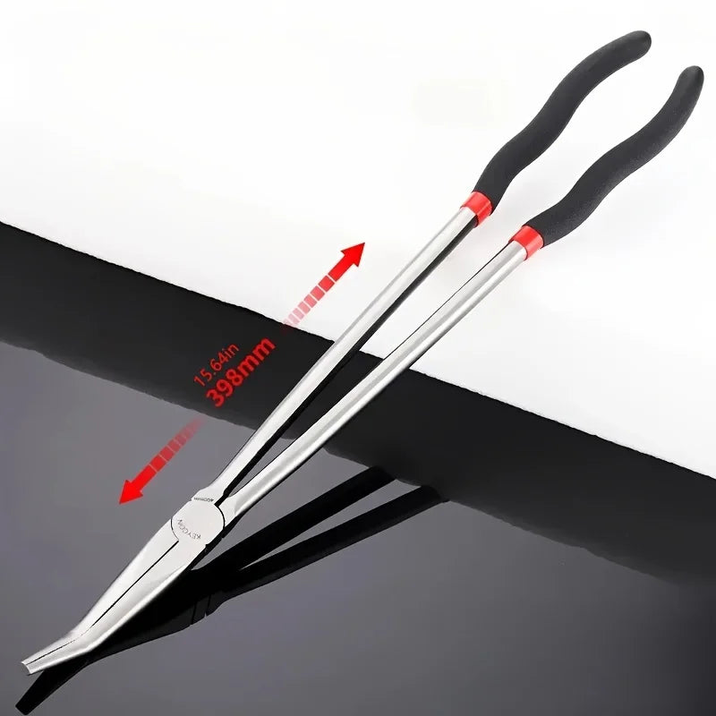 Damaly,16 Inch Long Nose Pliers - 25/45 Degree Curved Steel Needle Nose Pliers with Red Accents, Ergonomic Black Handles