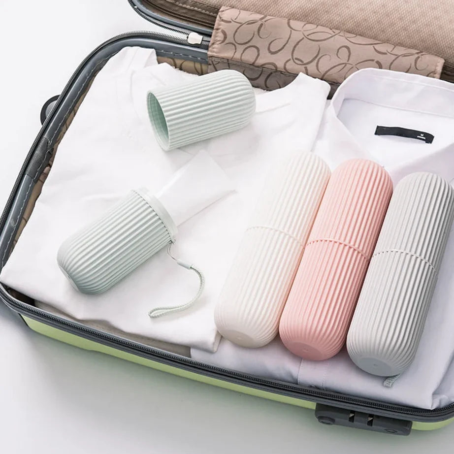 Portable Travel Toothbrush Box Vertical Striped Mouthwash Cup Toothpaste Tube Organizer Toothware Storage Case for Bathroom & Ou
