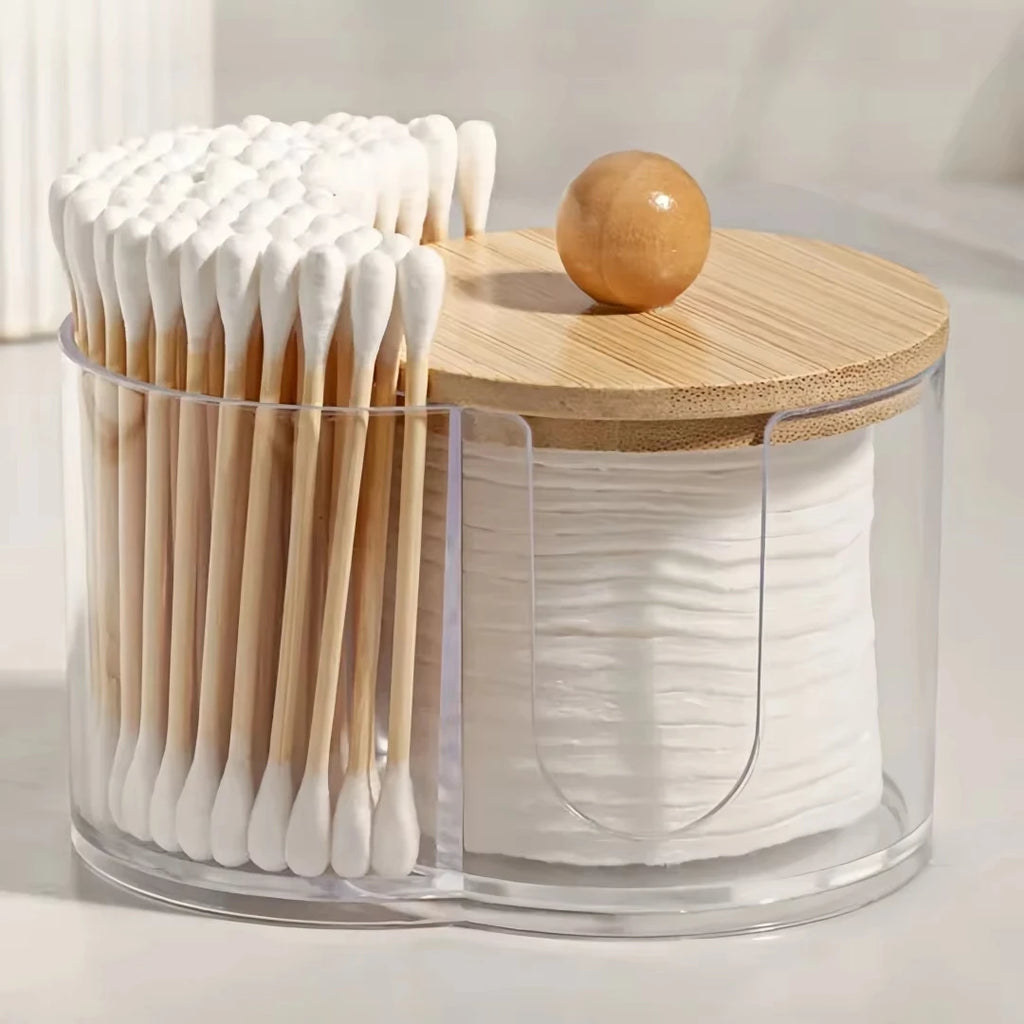 Holder with Dual Compartments - Clear Cotton Swab and Cotton Balls Organizer - Transparent Bathroom Storage Container for Makeup