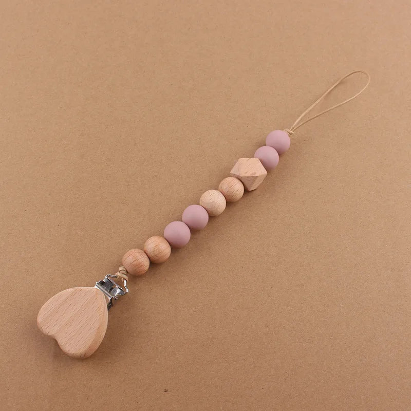 Baby products cartoon love beechwood pacifier clip creative baby silicone beads bite teeth pacifier chain