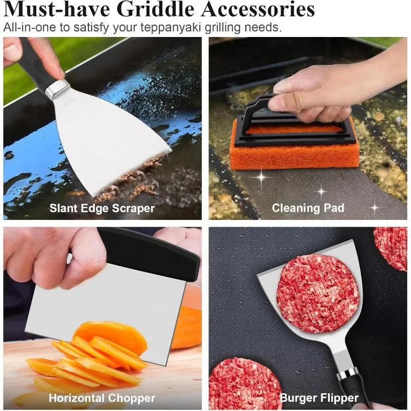 Griddle Accessories Kit,Hibachi Flat Top Grill Accessories,Grill Spatula Set with Enlarged Spatulas,Scraper for Outdoor Barbecue