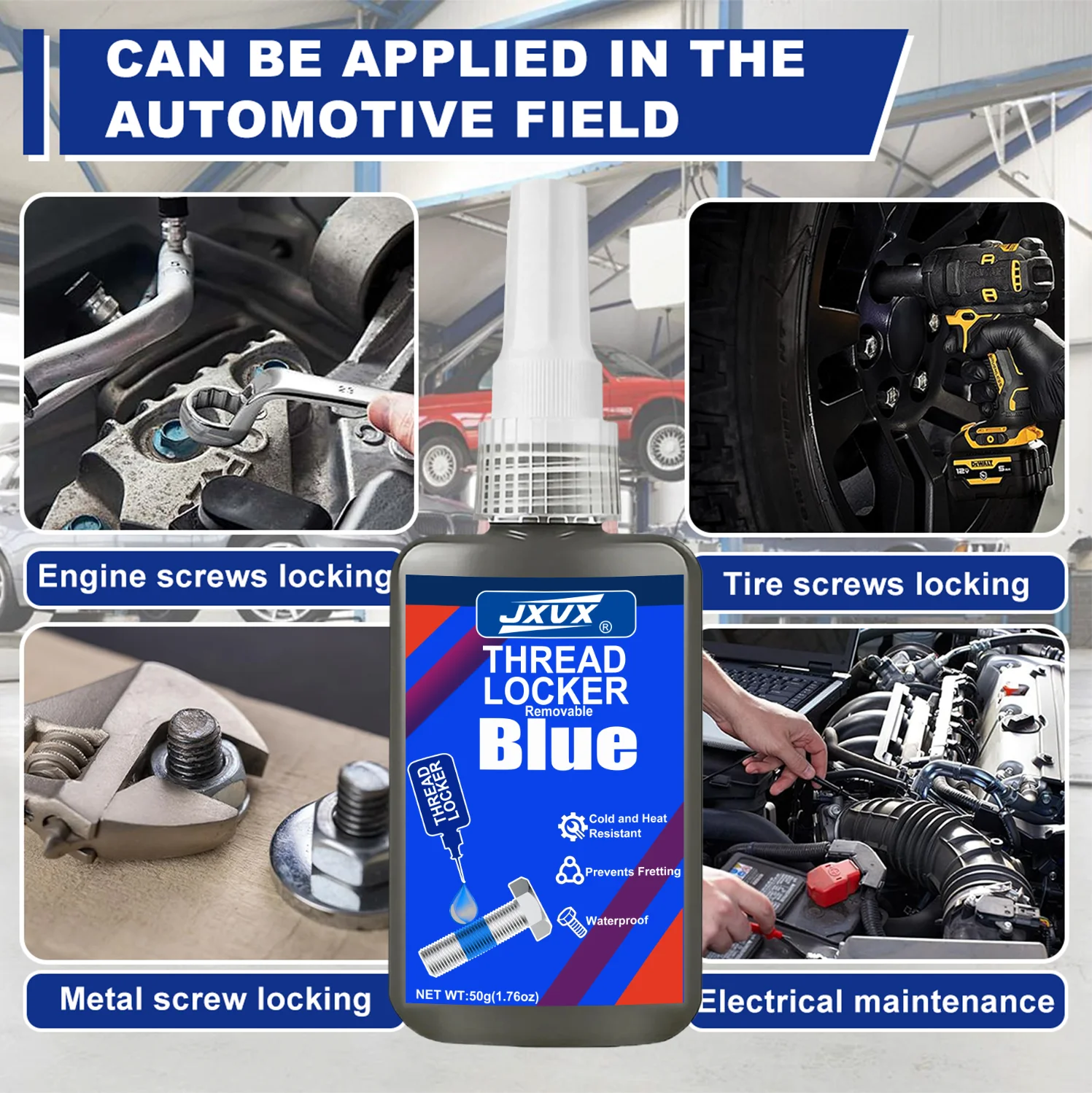 JXVX 50ml Blue Medium Strength Threadlockers, Universal Anaerobic Thread Quickly Cured Adhesives, For All Metal Threaded Components, Removable Waterproof Curing Metal Glue,Rustproof.