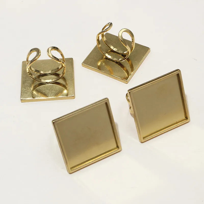 5pcs Stainless Steel Square Rectangle Thick Adjustable Ring Blank Base Settings ,Fit 12/20/25mm Cabochons DIY Rings Bezel Tray