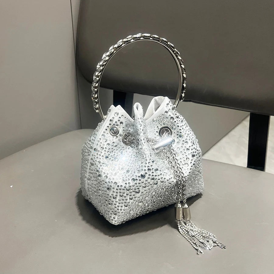 New Tassel Women's Shoulder Bags Metal Ring Diamond Bucket Bag Shiny Drawstring Handbag Tote Chain Crossbody Bags Evening Clutch
