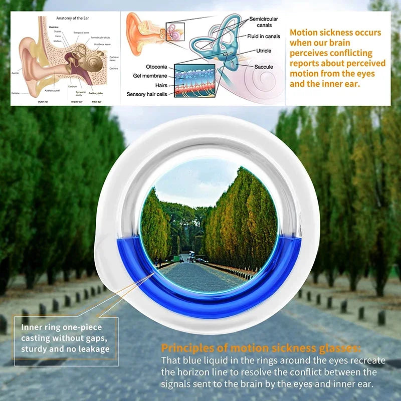Portable Lensless Motion Sickness Glasses Lightweight Anti-Vertigo Eyewear with Liquid Ring for Travel Sea Sickness Relief