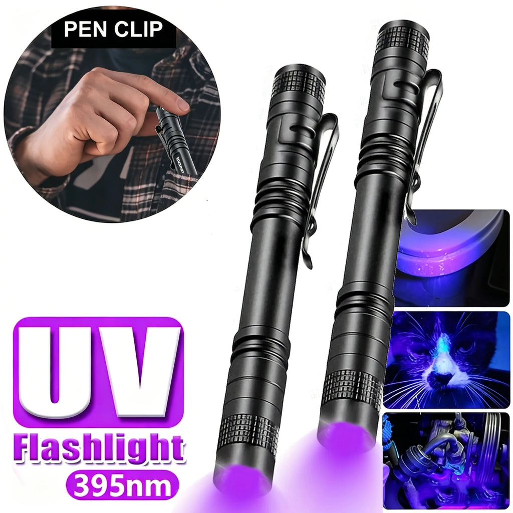 395nm UV Flashlight Ultraviolet Torch With Pen Clip Portable Violet Light Pet Urine Scorpion Detector UV Lamp Use AAA Batteries