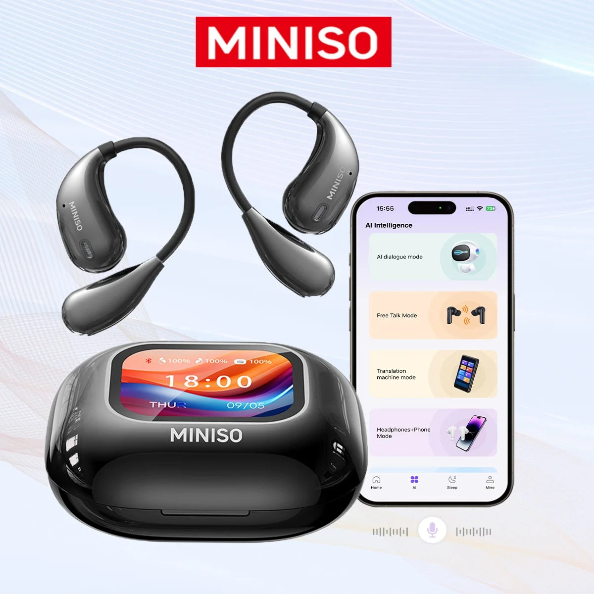 MINISO M95 AI Translator TWS Bluetooth Earphone with Mic Sports Wireless Headphones Long Battery Life Full Color Touch Screen