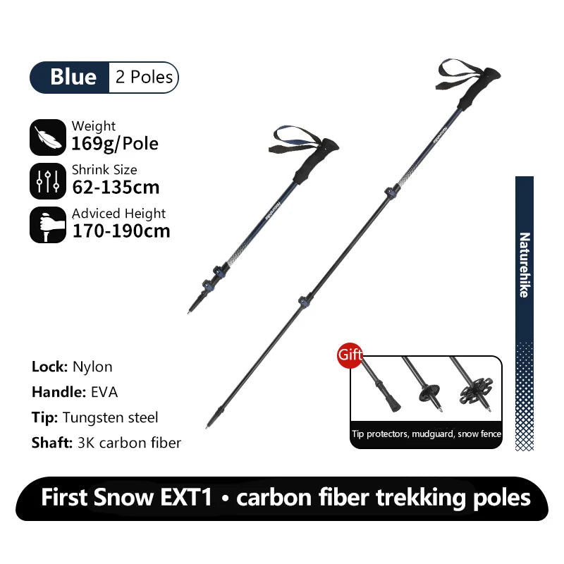 Naturehike Walking Stick First Snow EXT1 Carbon Fiber Hiking Poles 3 Section Ultra-light Telescopic Outdoor Climbing Hiking Cane