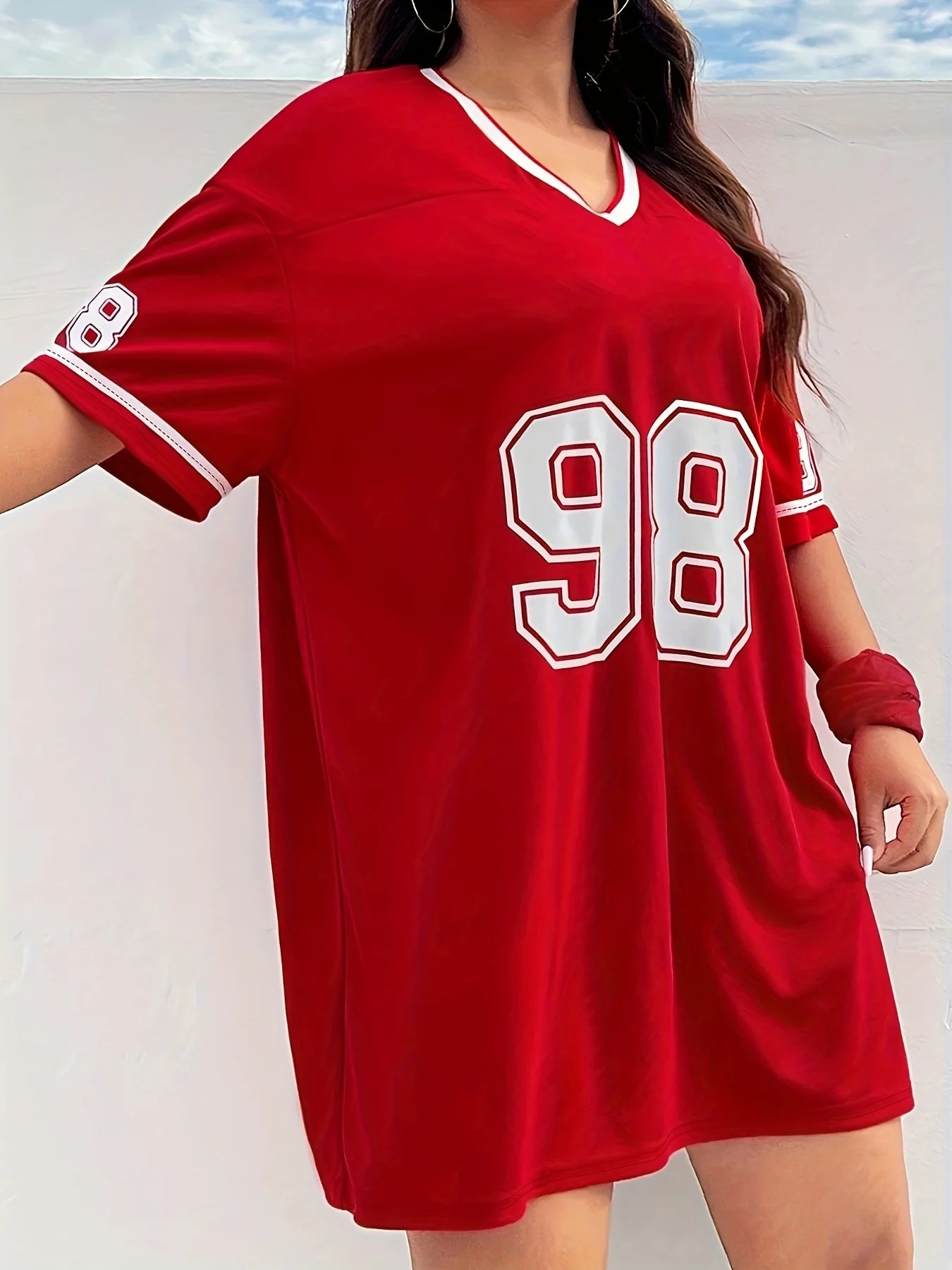 Plus Size Women's Casual V-Neck Sleeveled Vibrant Red with Bold '98' Graphic Printed T-shirt Loose Fit Summer Breathable Tee