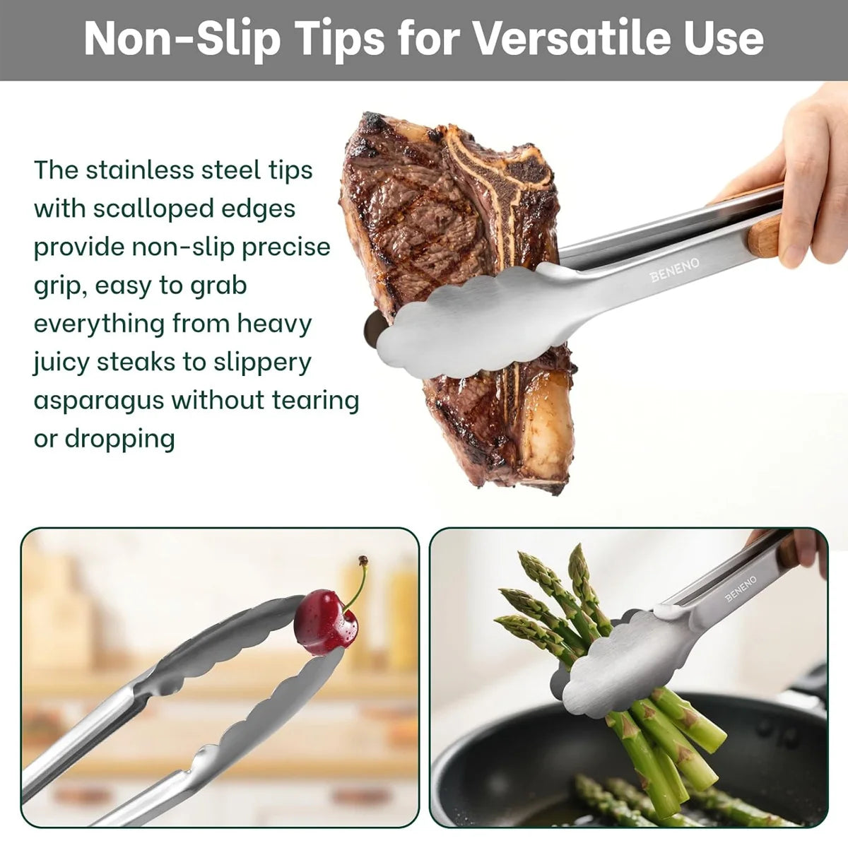 Leeseph Stainless Steel Food Tongs, 7-16 Inch Length, Heavy Duty Kitchen Tongs with Wooden Handle for Cooking, Grilling and BBQ