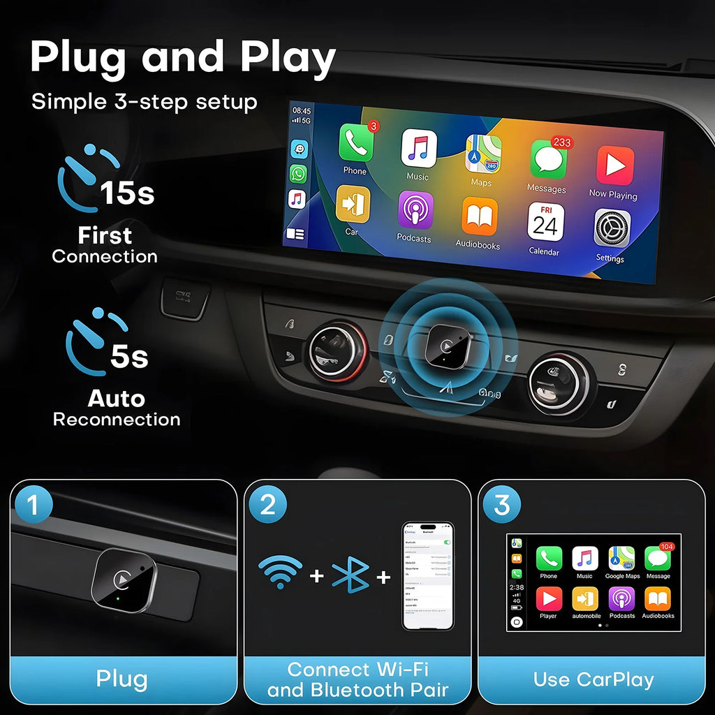 USB C Wireless CarPlay & Android Auto Adapter, Wired to Wireless Dongle，Compatible with iPhone & Android Smartphones.