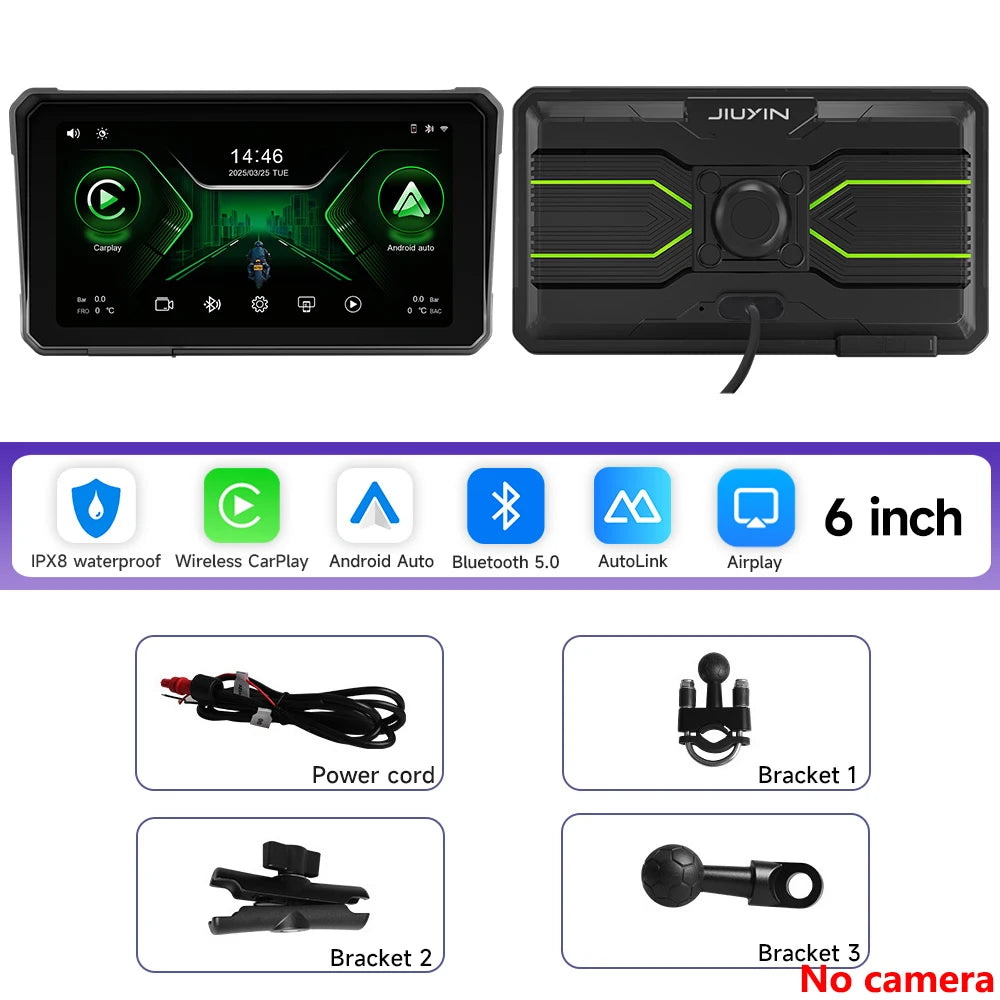 6 Inch Motorcycle 2K HD Multimedia Player GPS Navigation Wireless Carplay Android Auto IPX8 Waterproof Touch Screen Bluetooth