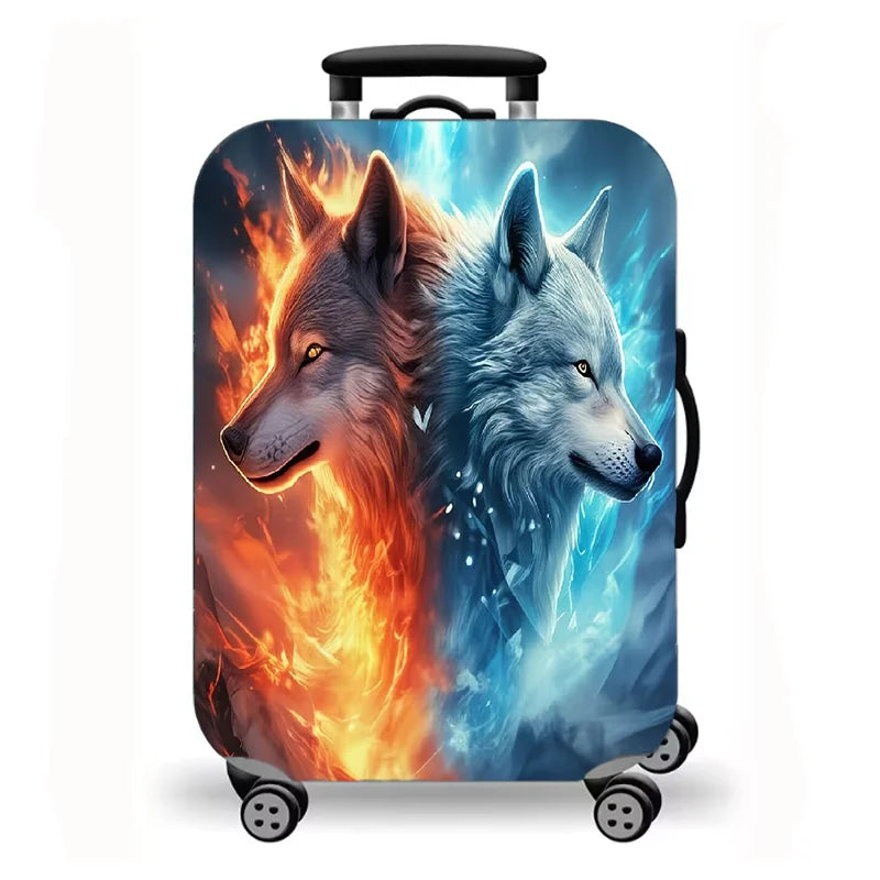 Luggage Cover, Fantasy Wolf Lion Tiger Fire Ice Print Stretch Suitcase Protector, Washable Anti-Scratch Travel Baggage Cover