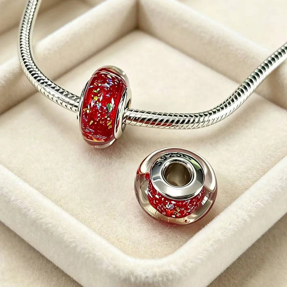 Silver-Plated Red White Stripe Glass Charms Beads Fit Original Bracelet Bag Keychain Charms Beads Pendant Diy Women Jewelry Gift