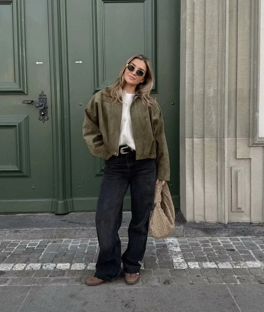 2025 autumn winter women bomber jacket bat sleeve zipper loose suede texture casual top European American style