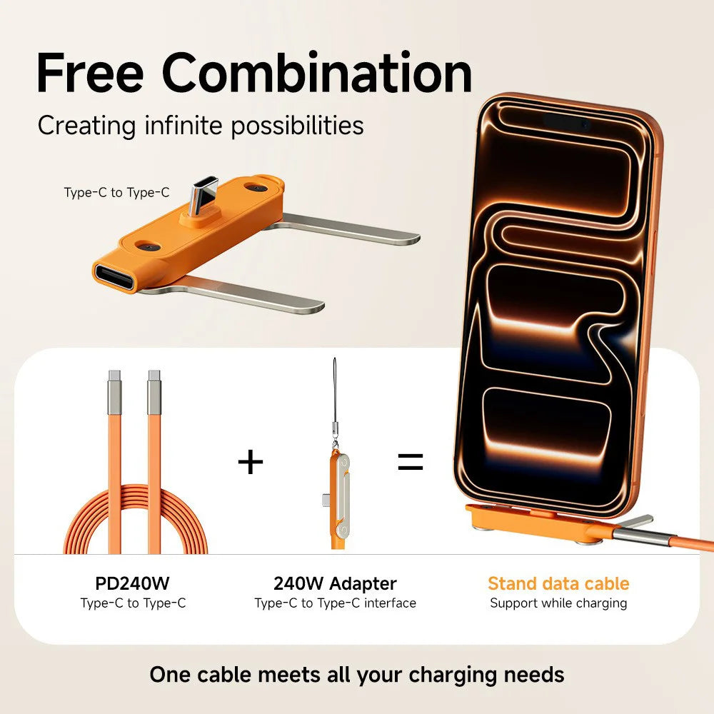 240W Fast Charging Cable Foldable Mobile Phone Holder Type C to Type C Data Cable PD Usb C Cable with Type C to type C Adapter