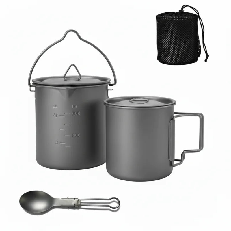 Titanium Camping Cookware Set with Folding Mug (420ml/750ml) and 750ml Pot, Lightweight Portable Outdoor Kit for Hiking Backpack