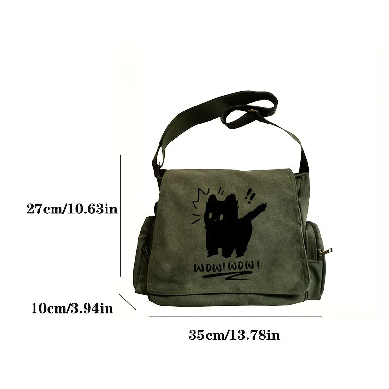 Women's Vintage OMG Cat Print Messenger Bag Large Capacity Crossbody Tote with Adjustable Strap Handbags Daily Commuting