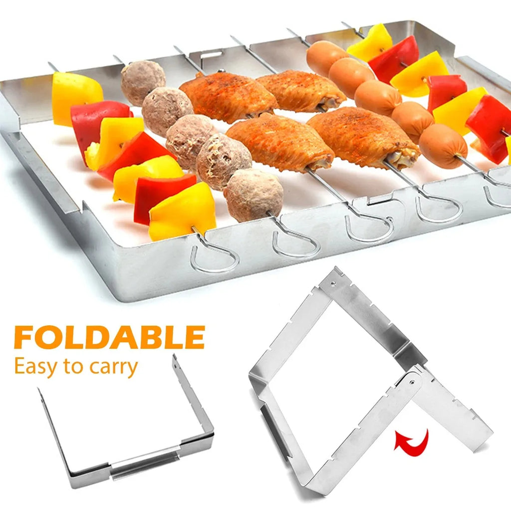 BBQ Skewer Rack Stainless Steel BBQ Metal Skewers Foldable Rotating Rotisserie Grill Rack with 6 Skewers for Outdoor Grills Tool