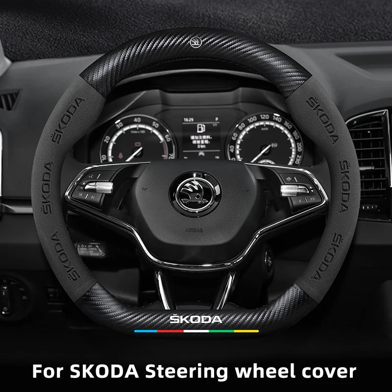 38CM suitable for Skoda Octavia Rapid Kodiaq Kamiq KAROQ carbon fiber suede car steering wheel cover accessories