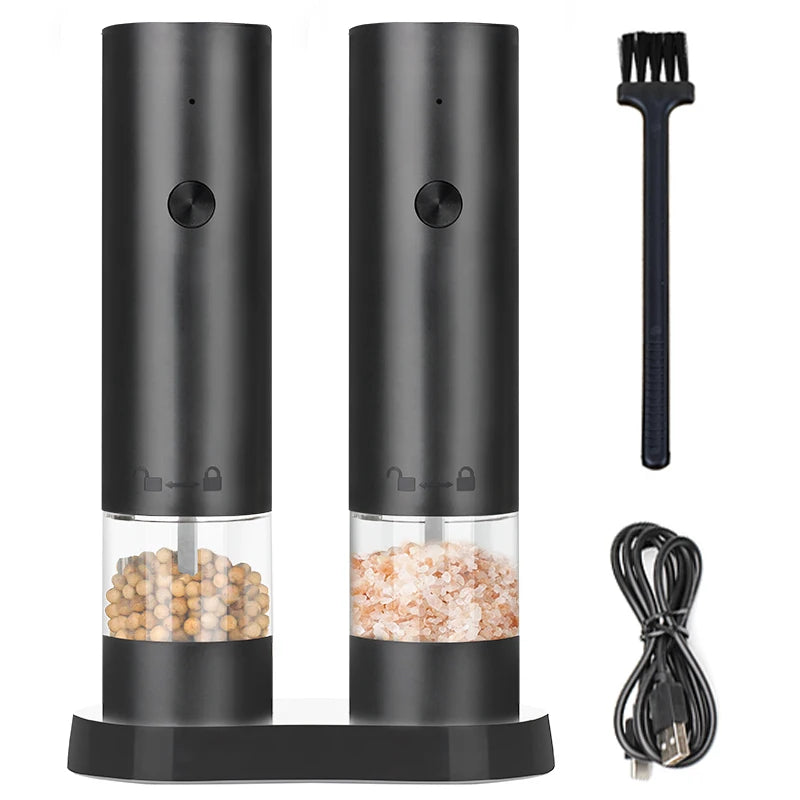 2-Pack, Electric Salt And Pepper Grinder Set, Rechargeable, With Storage Base And Lid, Adjustable Roughness, C-Type Charging