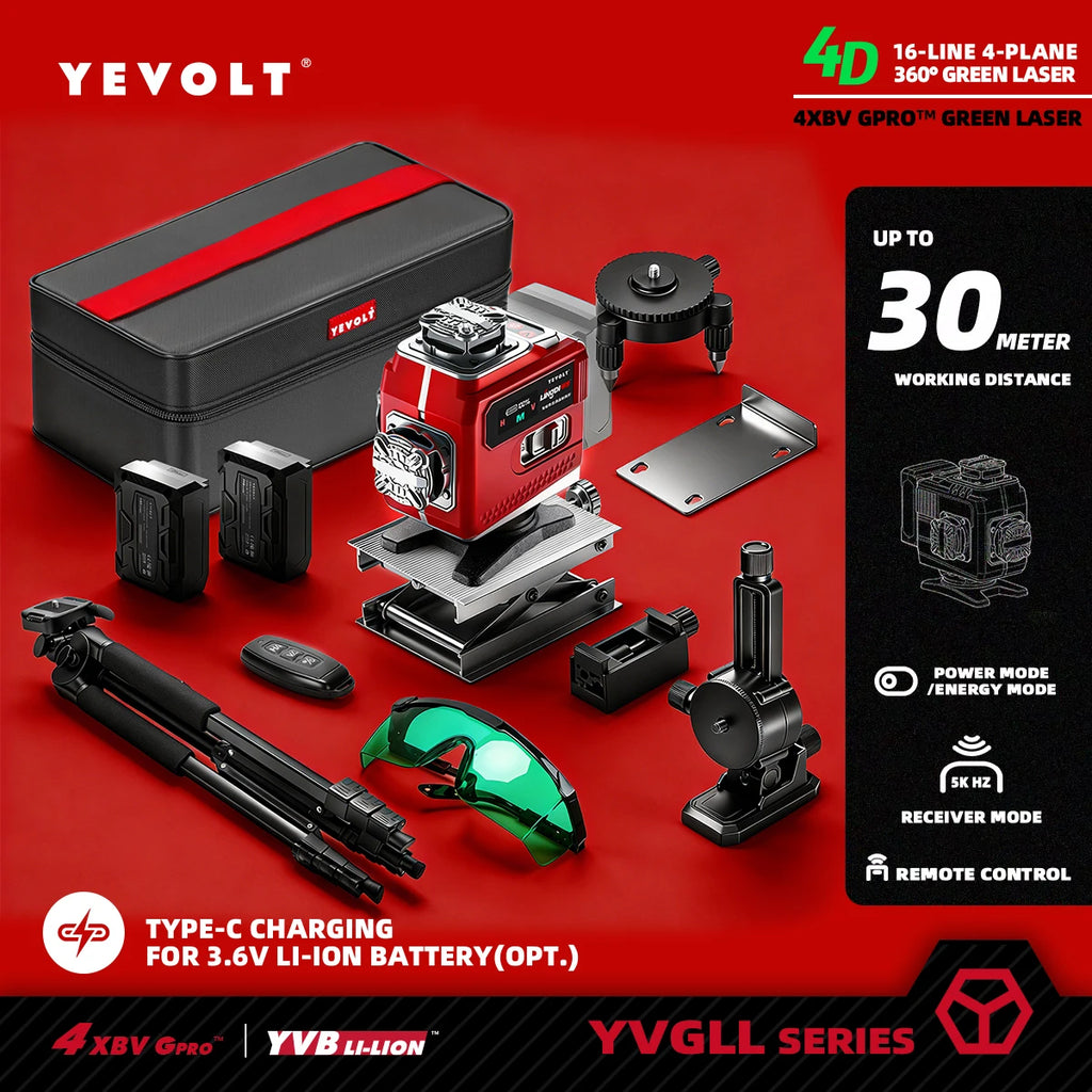YEVOLT 16-Line Laser Level (Red/Green Beam Choices) 360° Rotatable Bottom & Laser Window Touch Panel Operation Power Display