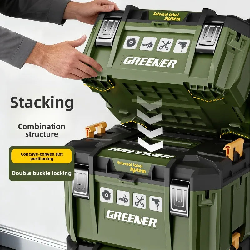 Stackable Toolbox Set Large Hardware Wide Storage Tote Luggage Rolling Handle Multi Function Organizer Box Tool Box Tool Chest