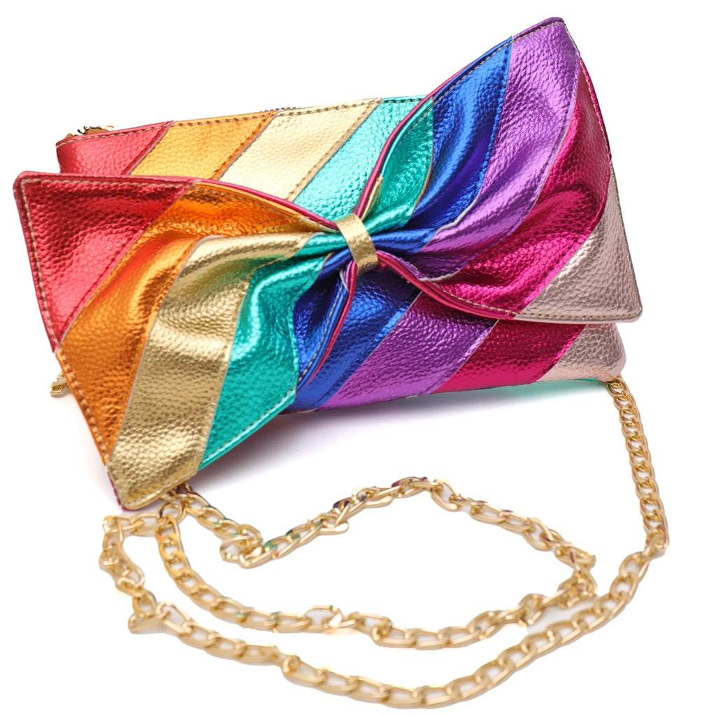 Luxury Metallic Vegan Leather Handbag Colorful Stripes Patchwork Sweet PU Bow knot Clutch Metal Chain Crossbody Bag Funky Y2K