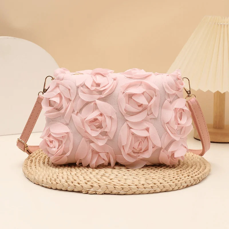 3D Rose Floral Crossbody Bag Faux Leather Zipper Closure Adjustable Strap Cylinder Shape Wedding Party Evening Purse