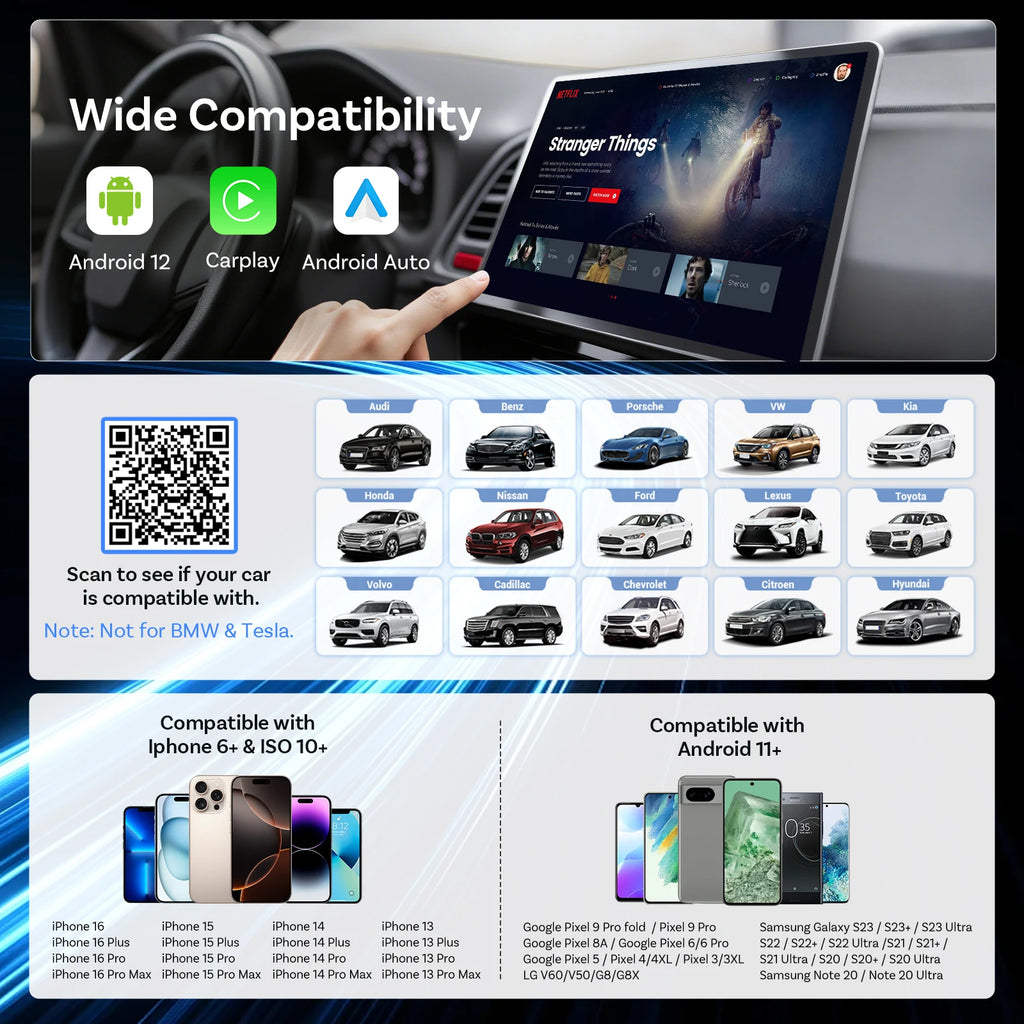 OTTOCAST Play2Video Ultra Video Box 3 in 1 Wireless CarPlay Android Auto Adapter Built-in Youtube Netflix IPTV for 98% of Cars