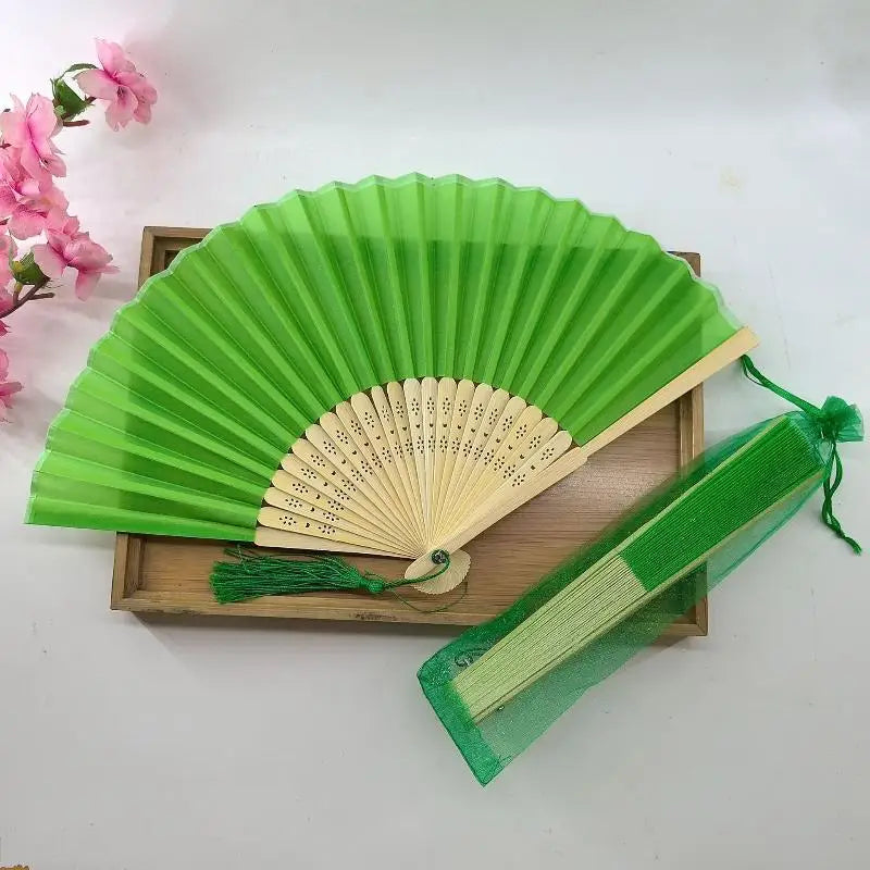 Chinese Style Folding Fan Wear Resist With Organza Bag Bamboo Hand Fan With Tassel Cooling Tool Silk Hand Fan Party Decoration