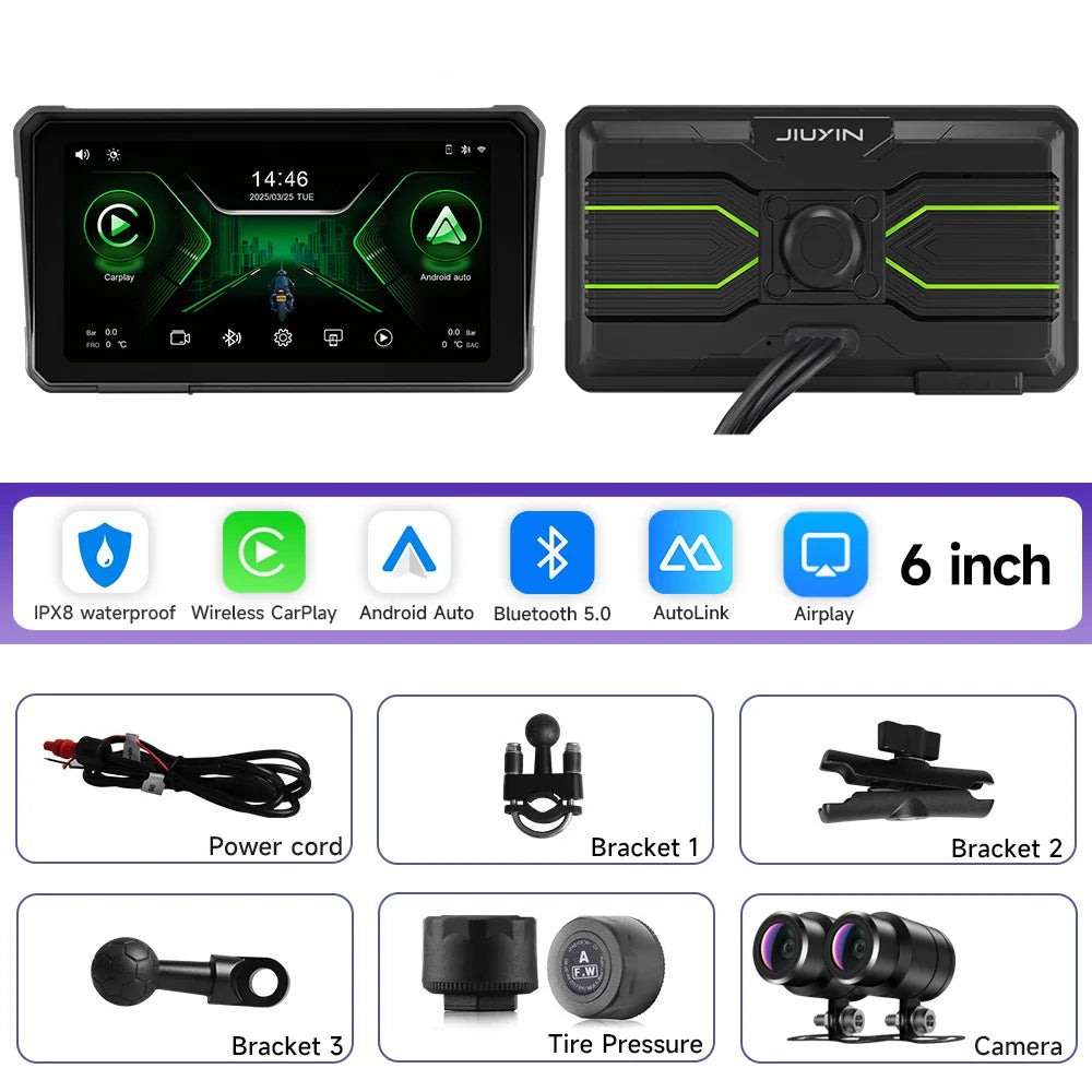 6 Inch Motorcycle 2K HD Multimedia Player GPS Navigation Wireless Carplay Android Auto IPX8 Waterproof Touch Screen Bluetooth