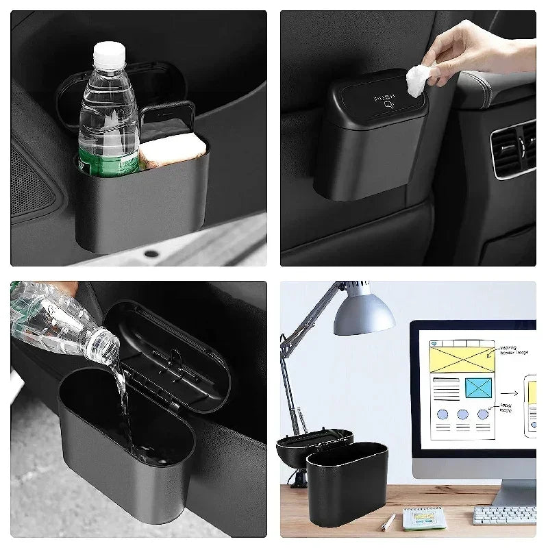 Universal Car Clamshell Trash Bin Hanging Vehicle Garbage Dust Case Storage Box Black Square Pressing Trash Can Accessories