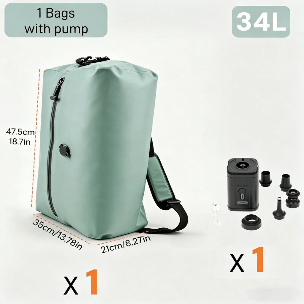Travel Vacuum Compression Bags IP67 Waterproof PU Nylon Clothes Organizer USB Electric Pump 34L Space Saver Green Black