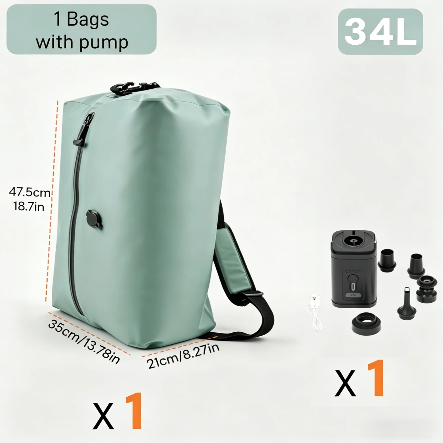 Travel Vacuum Compression Bags IP67 Waterproof PU Nylon Clothes Organizer USB Electric Pump 34L Space Saver Green Black