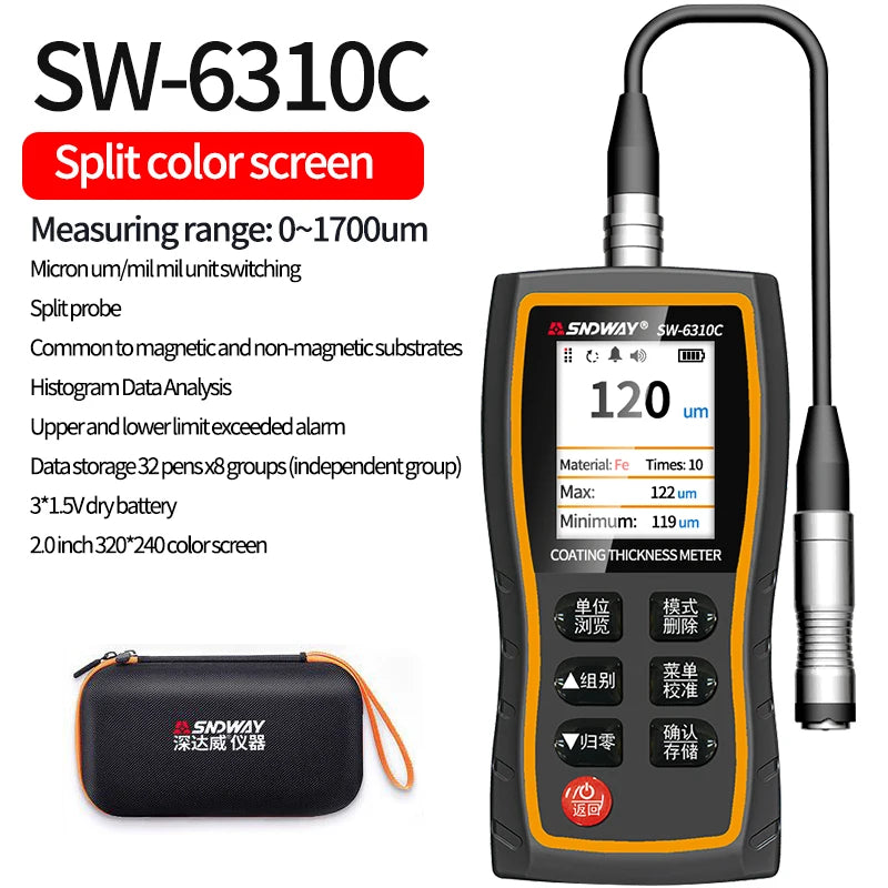 SNDWAY Coating Thickness Gauge For Cars SW-6310A 0.1um/0-1700 FE/NFE Paint Film Thickness Tester Coating Micro Meter Paint Tools