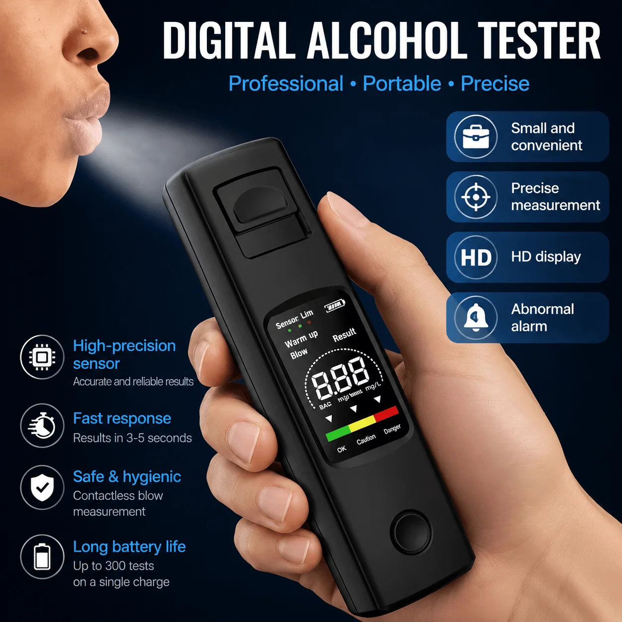 Professional Portable Alcohol Tester High Precision Digital Breathalyzer for Cars and Vehicles Breath Alcohol Meter Blow Detector Contactless Alcohol Gauge Measuring Instrument for Driver Safety Driving Gadget Auto Electronic