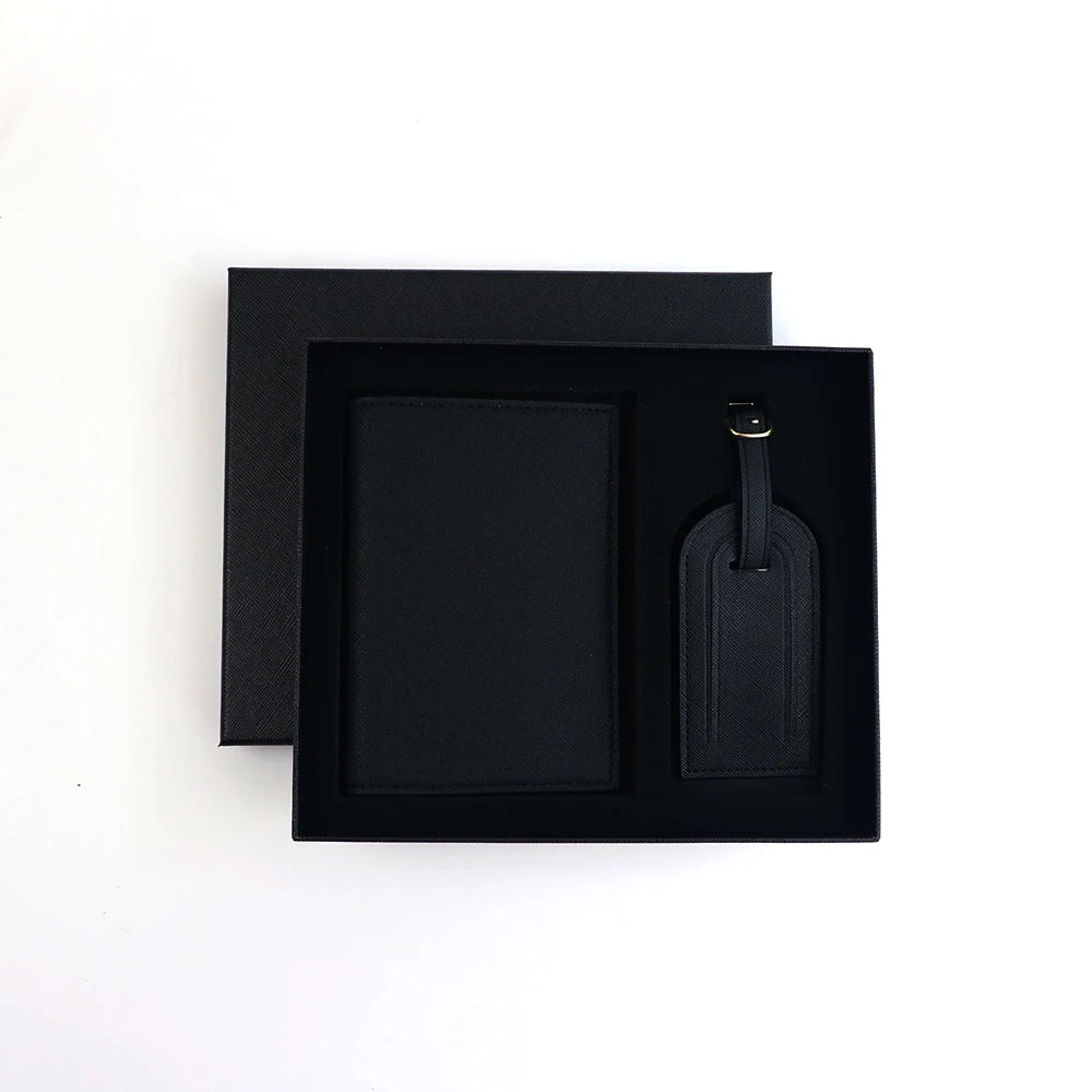 Customized name set, unisex Safiano PU leather passport holder and luggage tag gift box