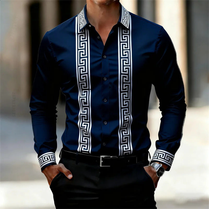 Men's Retro Geometric Print Shirt, Stylish Long-Sleeve Black Shirt, Business Casual Men's Top