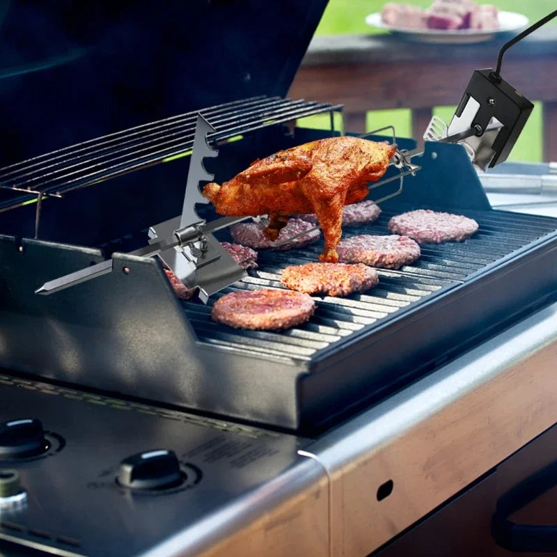 Universal Automatic Grill Rotisserie with 4W Electric Motor BBQ Bracket Roaster Spit Rod Fork Complete Holders Tool
