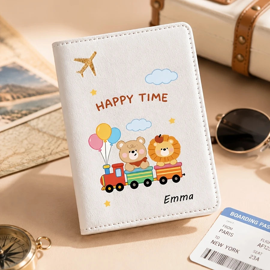 Custom Cute Cartoon Animal Bear-pattern Passport Cover with Custom Name, Text Passport Book Holder, Passport Protector