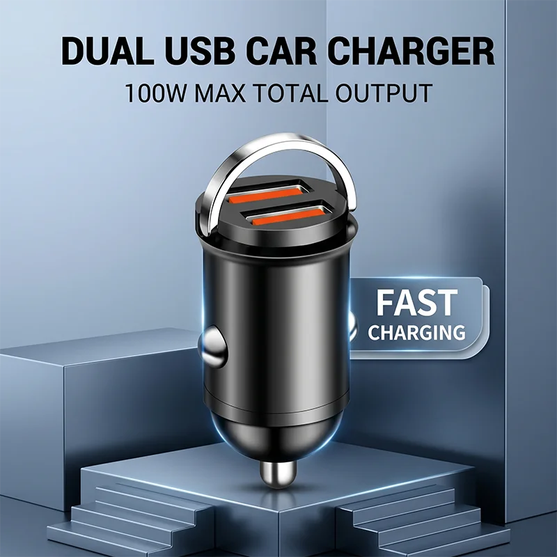 100W Dual Port Mini Car Charger Fast Charge Flush Fit USB C Auto Adapter Pull Ring Design For iPhone iPad Samsung Pixel